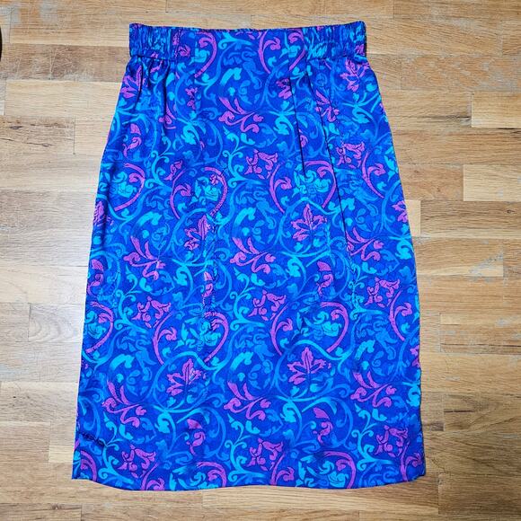 Vtg Floral Silk Skirt Size 10 Purple Classic 90s Straight Midi Baroque Whimsy - Picture 4 of 9